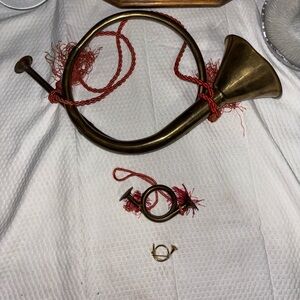 Vintage Brass French Horn Bugle Christmas Decor, Brass Horn Ornament, & Brooch